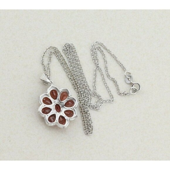 Sterling Silver Garnet Flower Necklace 20 inch Chain - Picture 8 of 8